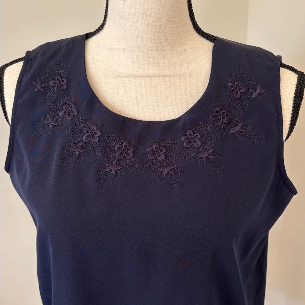 Navy Sleeveless Top with Embroidered Detail